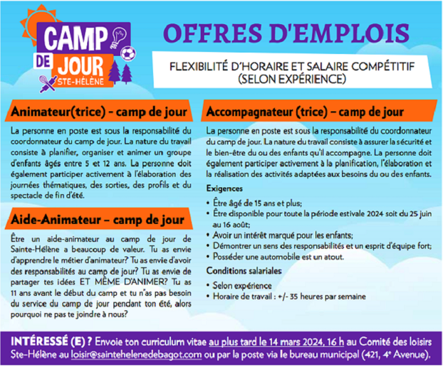 Offres emplois camp de jour