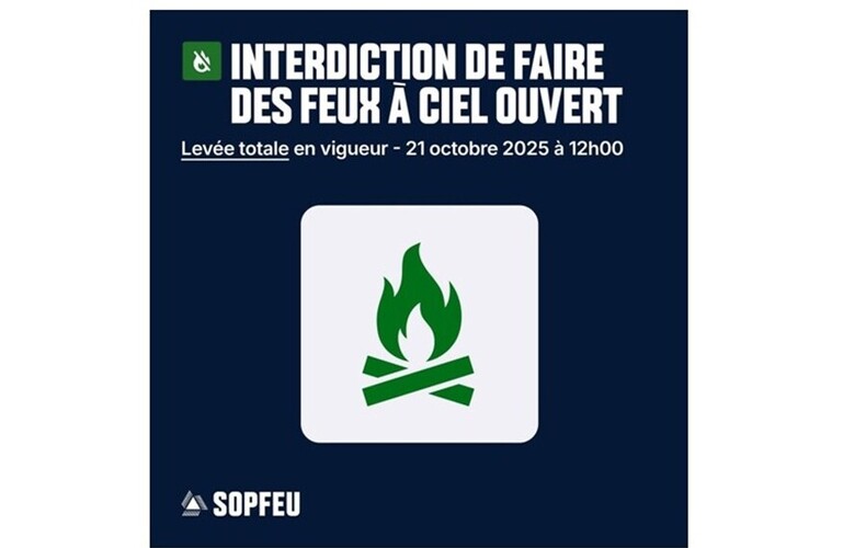 SOPFEU - Lévée de l'interdiction de faire des feux à ciel ouvert