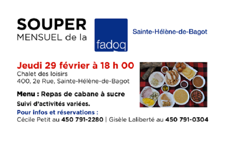 Souper mensuel de la FADOQ - Jeudi 29 février 2024